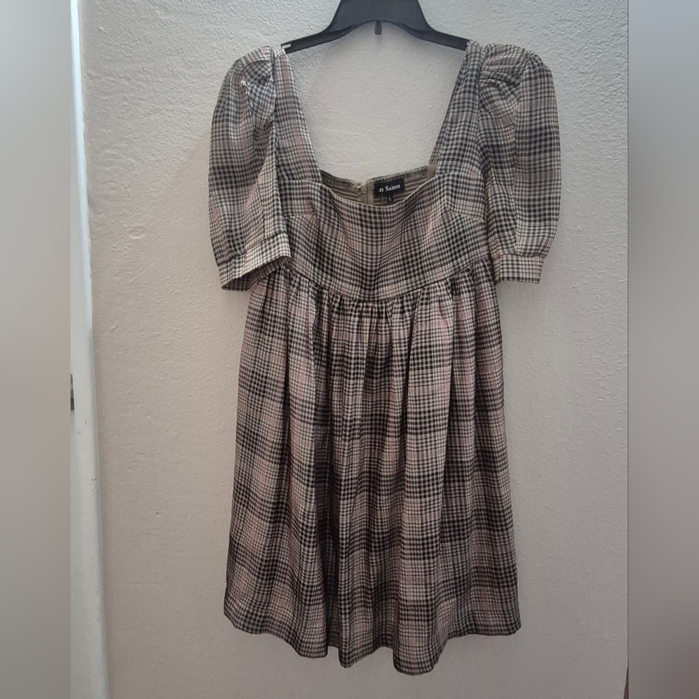 En Saison Plaid Organza Puff Sleeve Mini Dress Size L